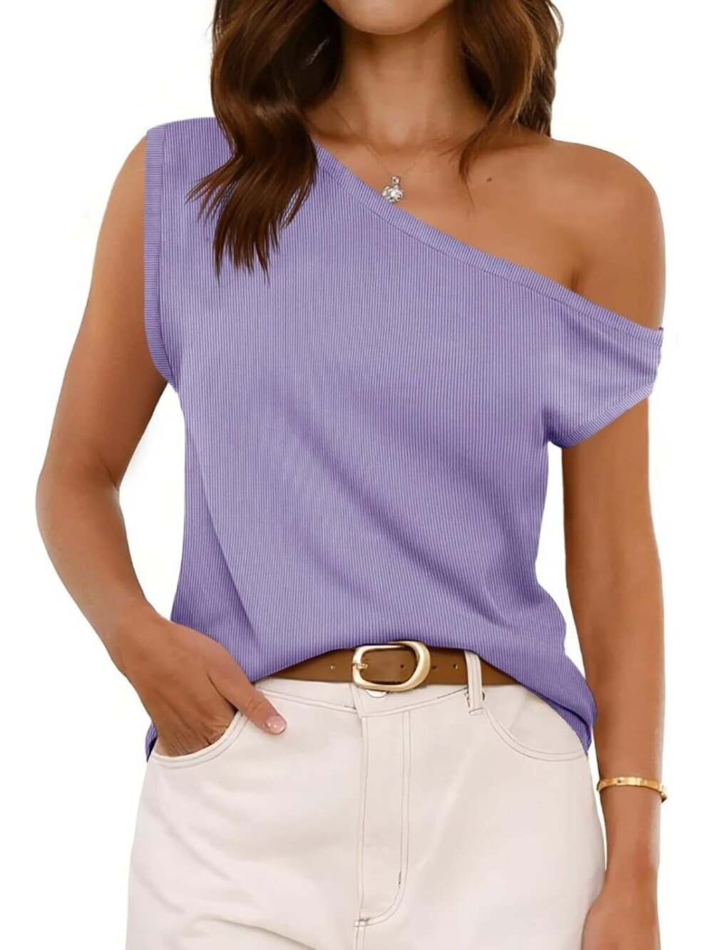 Women's Purple Ribbed Off One Shoulder Slouchy Short Sleeve Tee Top